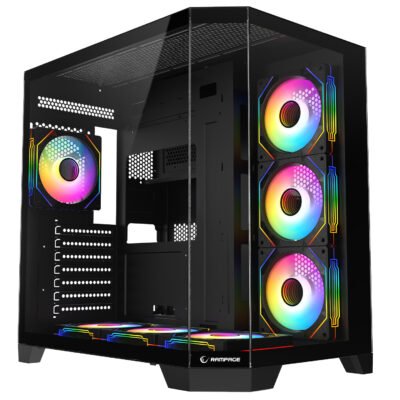 Kasa Gaming Rampage Mega V1 me PSU 850W – 80+ Bronze, Tempered Glass, 4×120mm ARGB, E Zezë