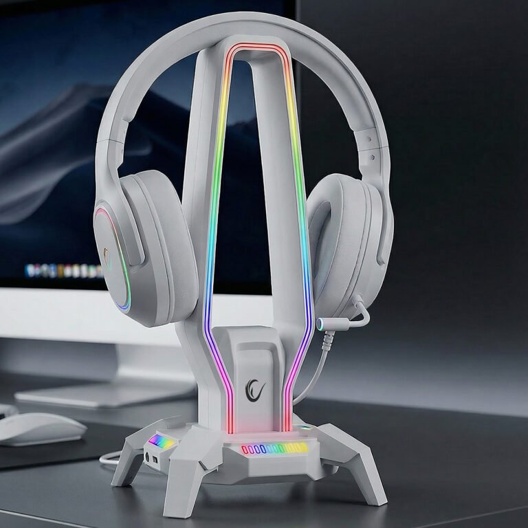Stand për Kulakë Gaming me RGB + 3 USB + Type‑C + 3.5 mm – Rampage RM‑H27 – E Bardhe thumbnail 6