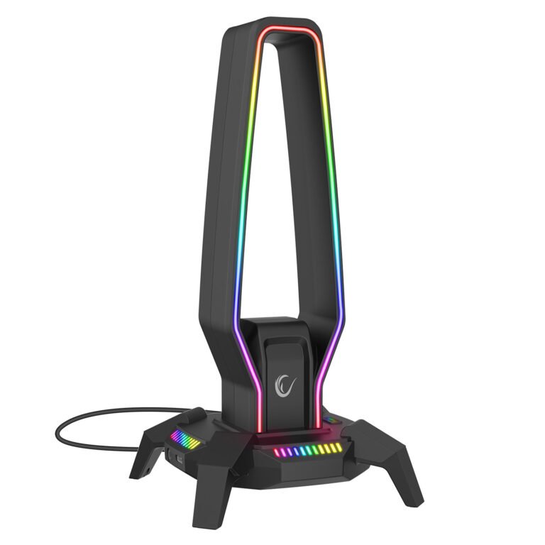 Stand për Kulakë Gaming me RGB + 3 USB + Type‑C + 3.5 mm – Rampage RM‑H27 – E Zezë