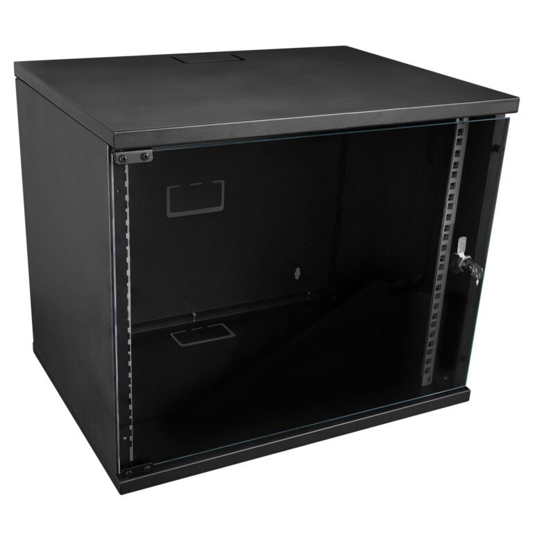 Kabinet rack 9U 19” për montim në mur, i përshtatshëm për organizim dhe mbrojtje të pajisjeve të rrjetit.