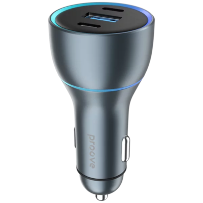 Karikues për makinë Proove Supercharge, 130W, 2×Type-C + USB, metal gri